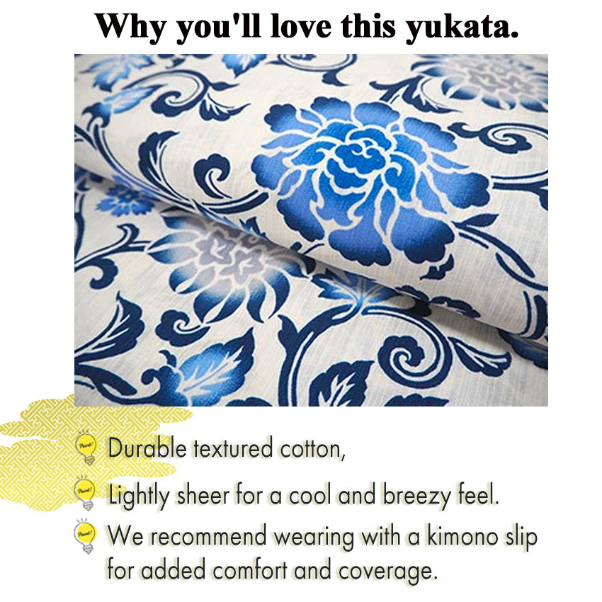 Women's Cotton Yukata, Casual Summer Kimono - White Base with Blue, Gray, and Navy Floral Arabesque