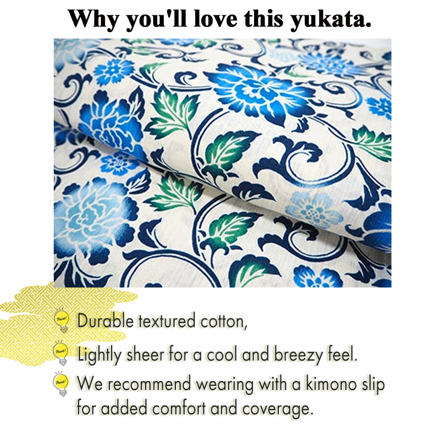 Women's Cotton Yukata, Casual Summer Kimono -Off-White Base with Blue, Green, and Navy Floral Arabesque