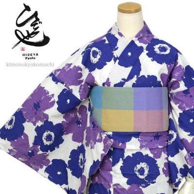 Women's Yukata Cotton Chirimen, Casual Summer Kimono- White Blue Purple Flower