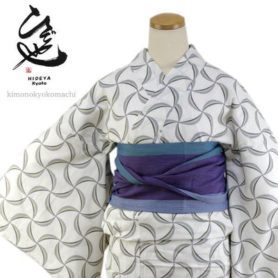 Women's Yukata Cotton Chirimen, Casual Summer Kimono - White Gray Fundo-tsunagi