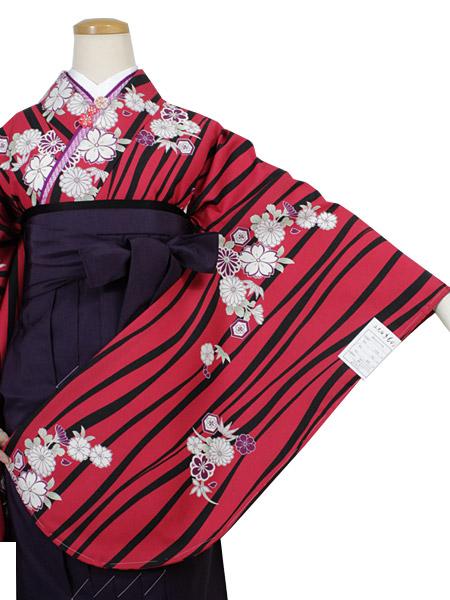 Women's Washable Nishakusode Kimono for Hakama - Red Curvy Lines Reineckea Carnea Flowers