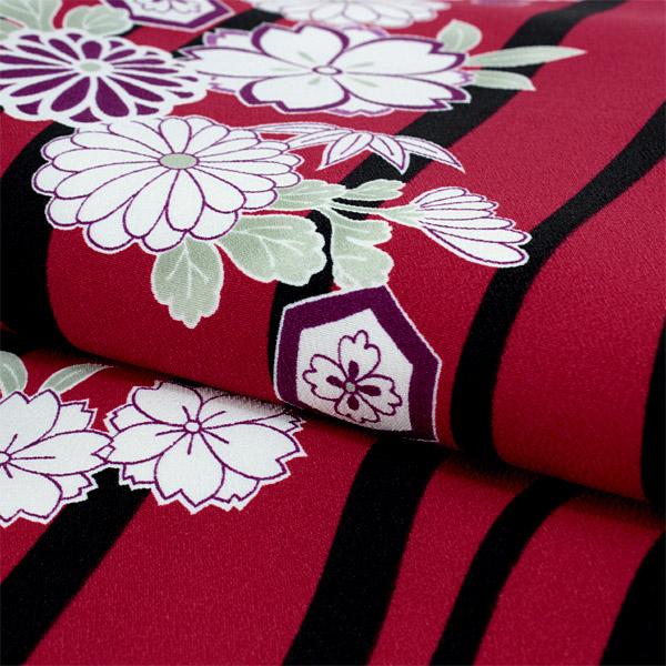 Women's Washable Nishakusode Kimono for Hakama - Red Curvy Lines Reineckea Carnea Flowers