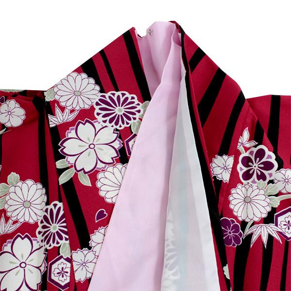 Women's Washable Nishakusode Kimono for Hakama - Red Curvy Lines Reineckea Carnea Flowers