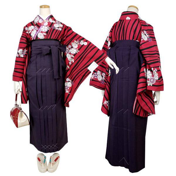 Women's Washable Nishakusode Kimono for Hakama - Red Curvy Lines Reineckea Carnea Flowers