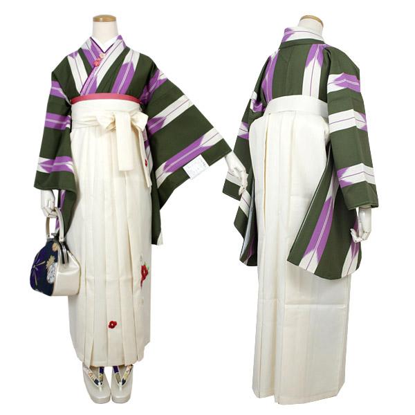 Women's Washable Nishakusode Kimono for Hakama - Green Arrow Feathers Stripe