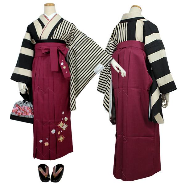 Women's Washable Nishakusode Kimono for Hakama - Black x Ivory Stripe