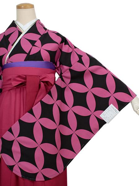 Women's Washable Nishakusode Kimono for Hakama - Black x Pink Overlapping Circles