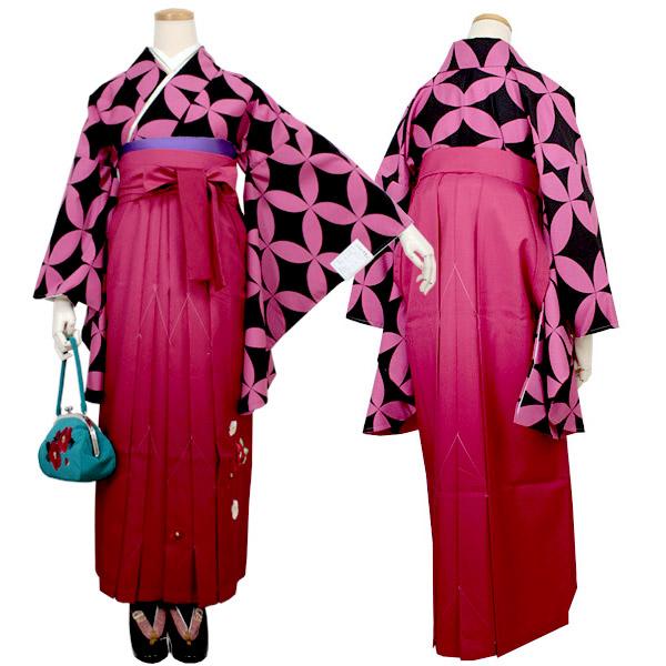 Women's Washable Nishakusode Kimono for Hakama - Black x Pink Overlapping Circles