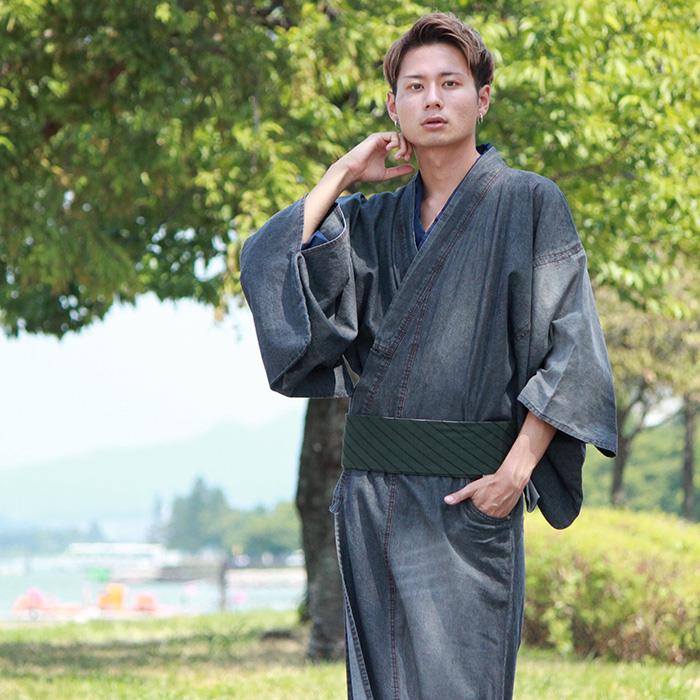 Archive】Men's Damaged Denim Unlined Kimono with Pockets Black