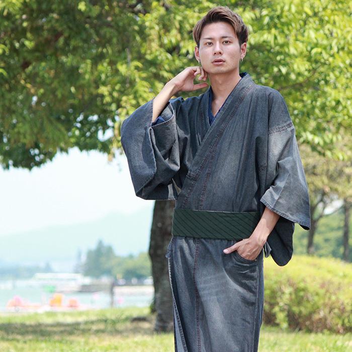 Men's Damaged Denim Unlined Kimono with Pockets Black: Japanese Traditional Clothes