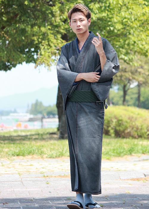 Men's Damaged Denim Unlined Kimono with Pockets Black: Japanese Traditional Clothes