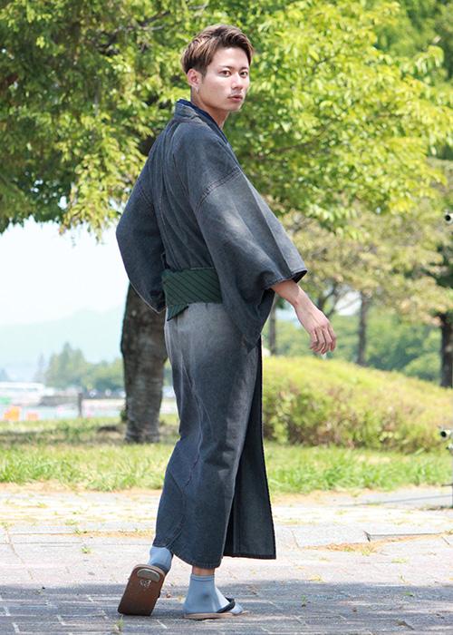 Men's Damaged Denim Unlined Kimono with Pockets Black: Japanese Traditional Clothes