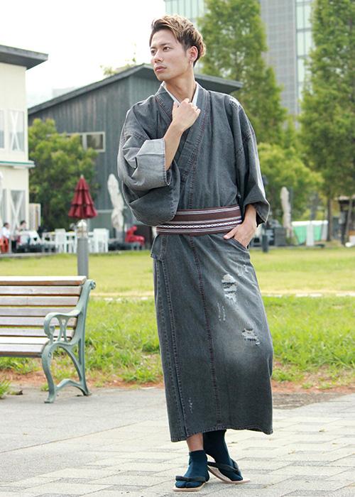 Men's Denim Unlined Kimono with Pockets Black: Japanese Traditional Clothes