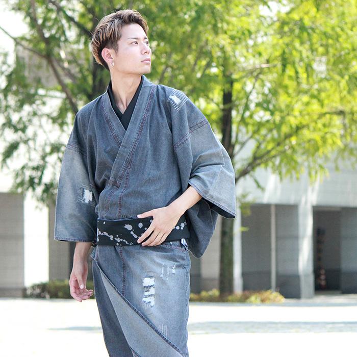 Men's Denim Unlined Kimono with Pockets Black: Japanese Traditional Clothes