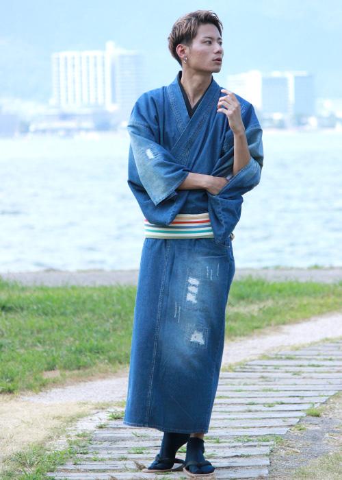 Men's Damaged Denim Unlined Kimono with Pockets Navy: Japanese