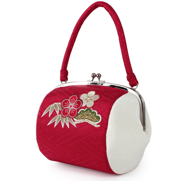 Japanese Kimono Handbag Red White Pine Bamboo Prum Embroidery