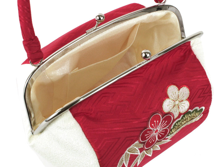 Japanese Kimono Handbag Red White Pine Bamboo Prum Embroidery