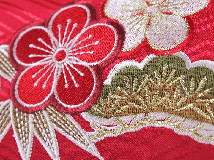 Japanese Kimono Handbag Red White Pine Bamboo Prum Embroidery