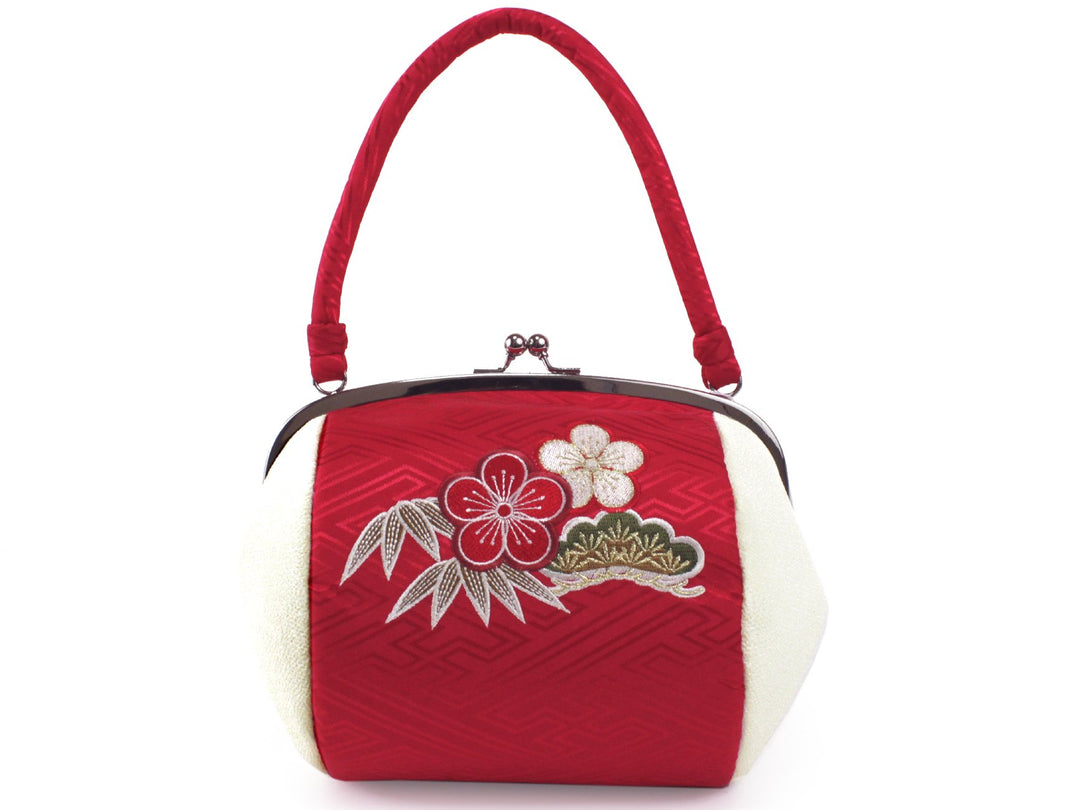 Japanese Kimono Handbag Red White Pine Bamboo Prum Embroidery