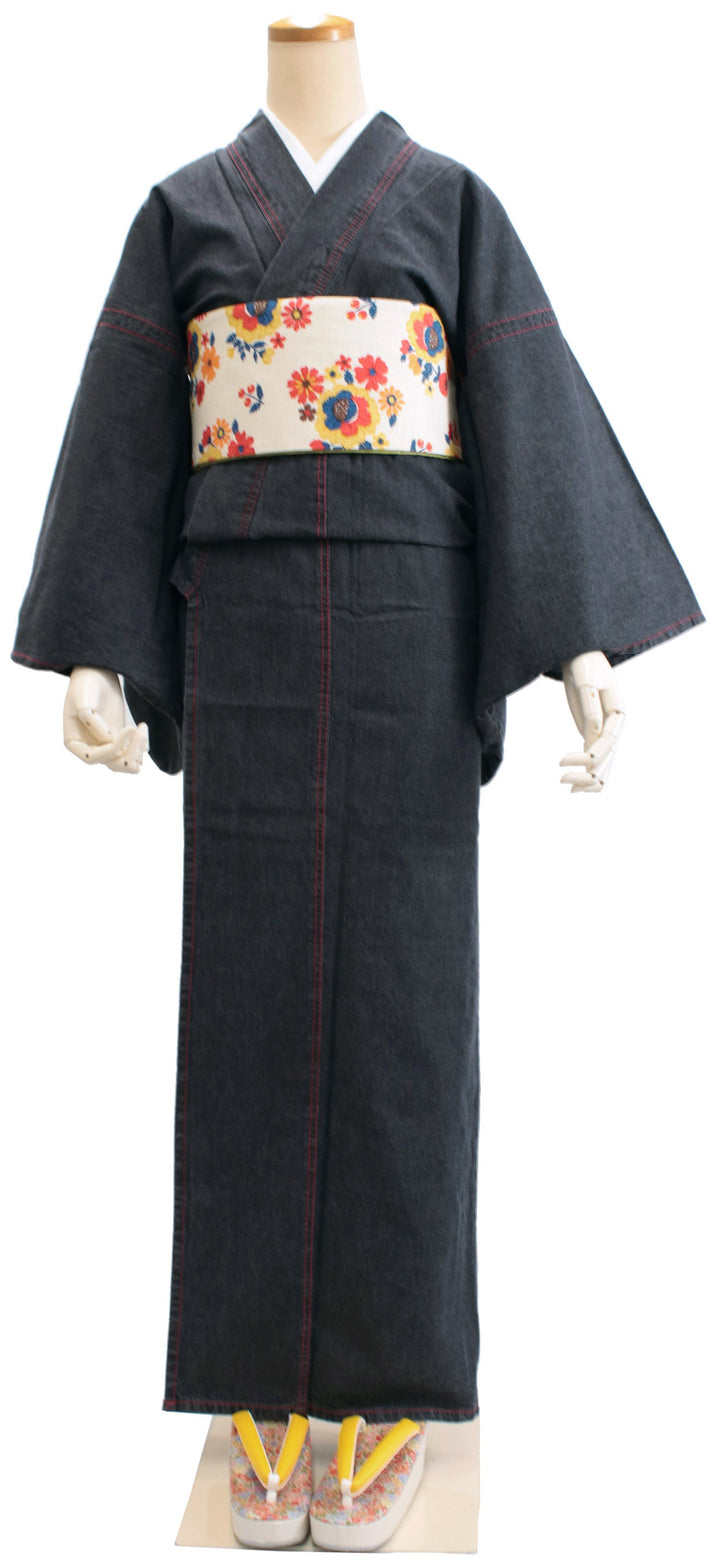 Women's Unlined Damage Denim Japanese Traditonal Kimono Black with Red Stitches