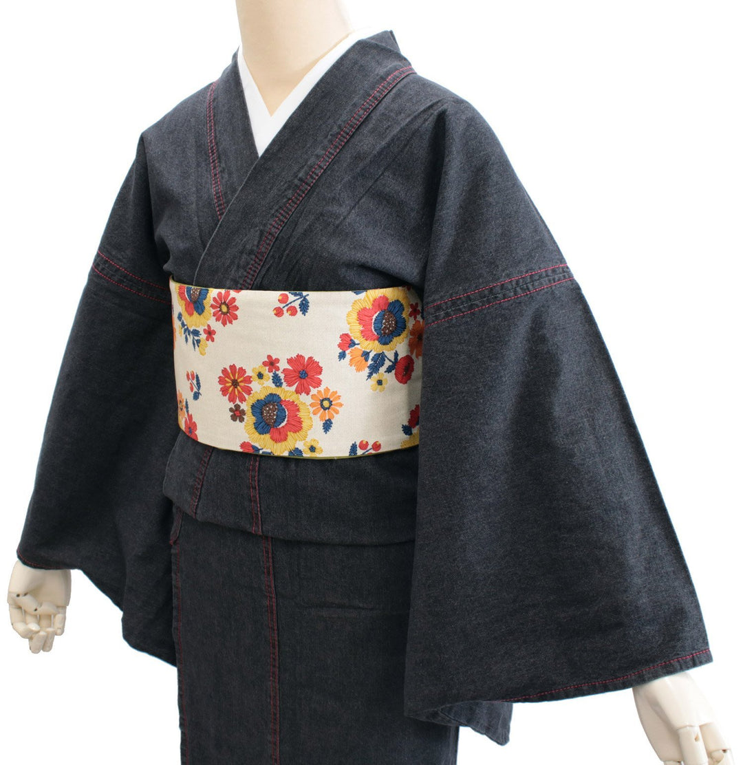 Women's Unlined Damage Denim Japanese Traditonal Kimono Black with Red Stitches