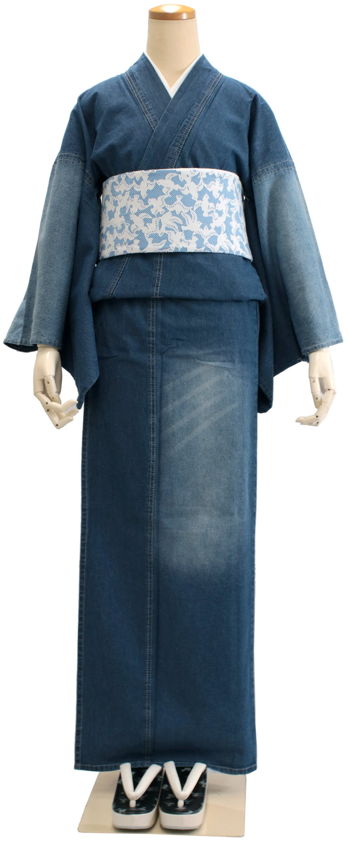 Women's Unlined Damage Denim Japanese Traditonal Kimono Blue with Stitches