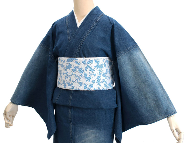 Women's Unlined Damage Denim Japanese Traditonal Kimono Blue with Stitches