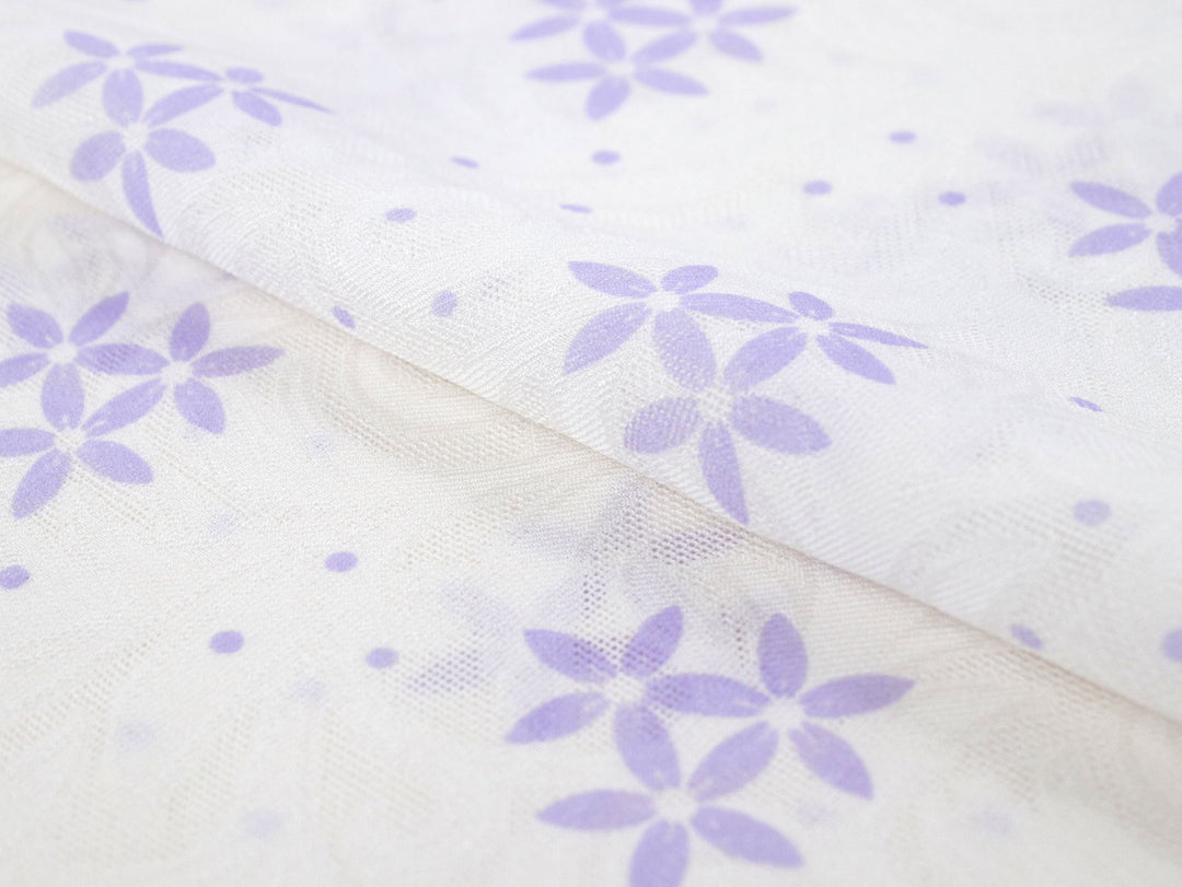 Silk Obiage,Covering Sash; Sha Leno - White Purple Flowers