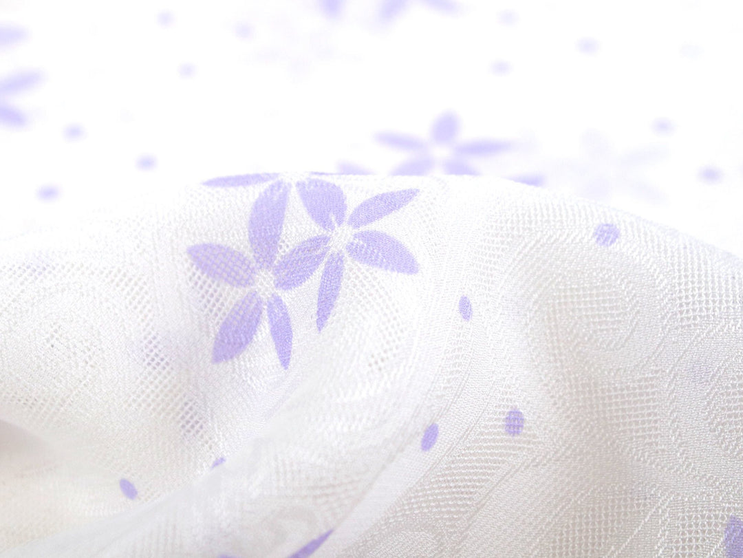 Silk Obiage,Covering Sash; Sha Leno - White Purple Flowers