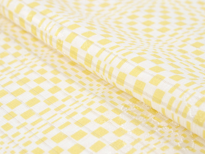 Silk Obiage,Covering Sash; Sha Leno - White x Yellow Geometric