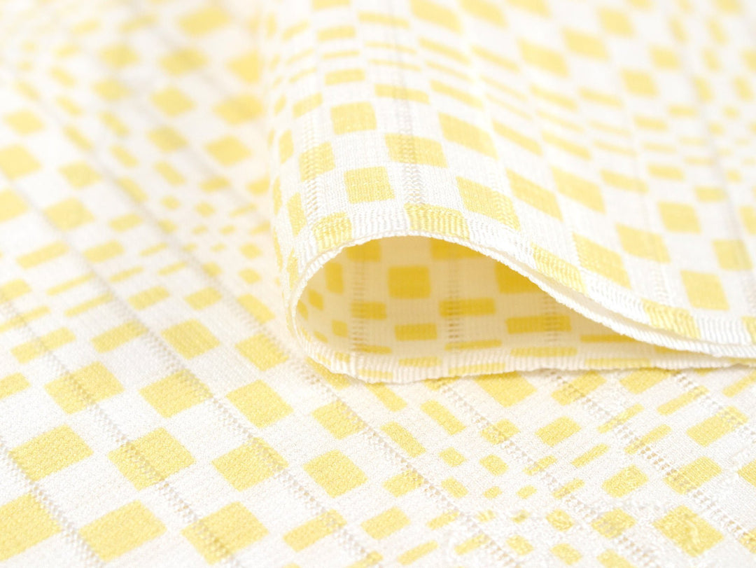 Silk Obiage,Covering Sash; Sha Leno - White x Yellow Geometric