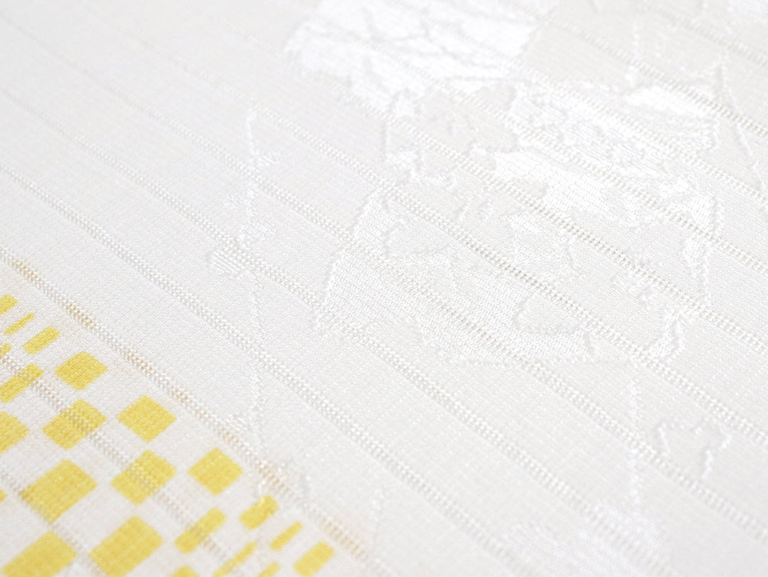 Silk Obiage,Covering Sash; Sha Leno - White x Yellow Geometric