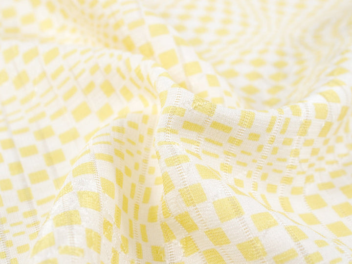 Silk Obiage,Covering Sash; Sha Leno - White x Yellow Geometric