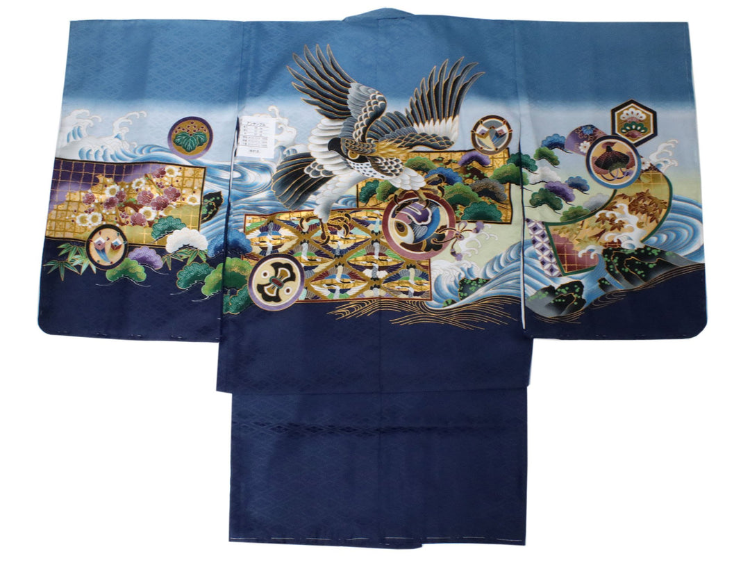 Boy's Kimono Haori Jacket Nagajyuban 3 Set Blue