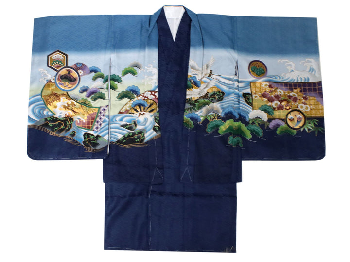 Boy's Kimono Haori Jacket Nagajyuban 3 Set Blue