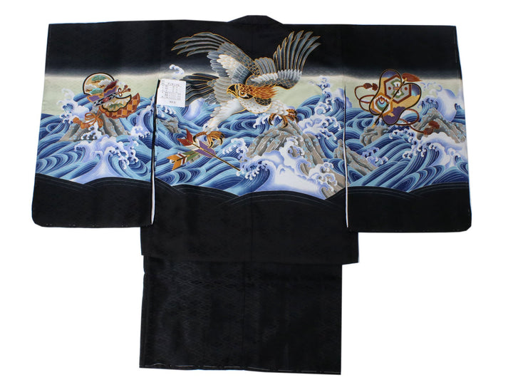 Boy's Japanese Kimono Haori Jacket Nagajyuban 3 Set Black