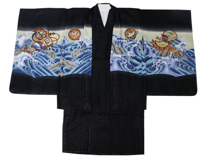 Boy's Japanese Kimono Haori Jacket Nagajyuban 3 Set Black