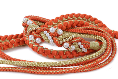 Silk Obijime Kimono Cord with  Pearl Beads - Orange