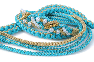 Silk Obijime Kimono Cord with  Pearl Beads - Aqua Blue