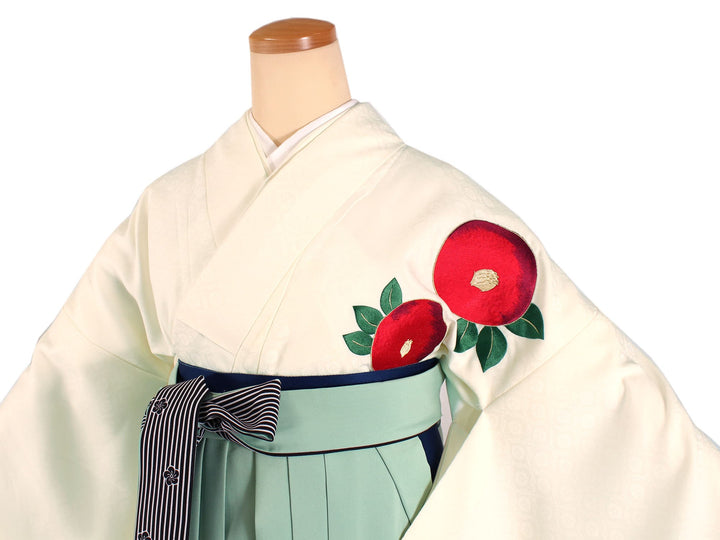 Women's Washable Nishakusode Kimono for Hakama -  Off-white Red Camellia Embroidery