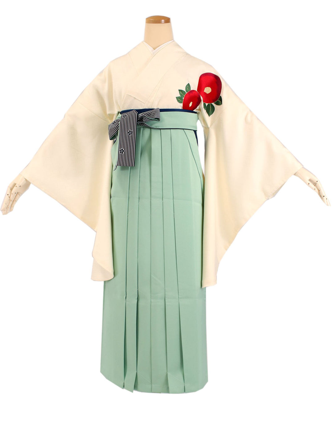 Women's Washable Nishakusode Kimono for Hakama -  Off-white Red Camellia Embroidery