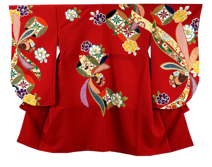 Women's Washable Nishakusode Kimono for Hakama - Red Camellia Cloisonne