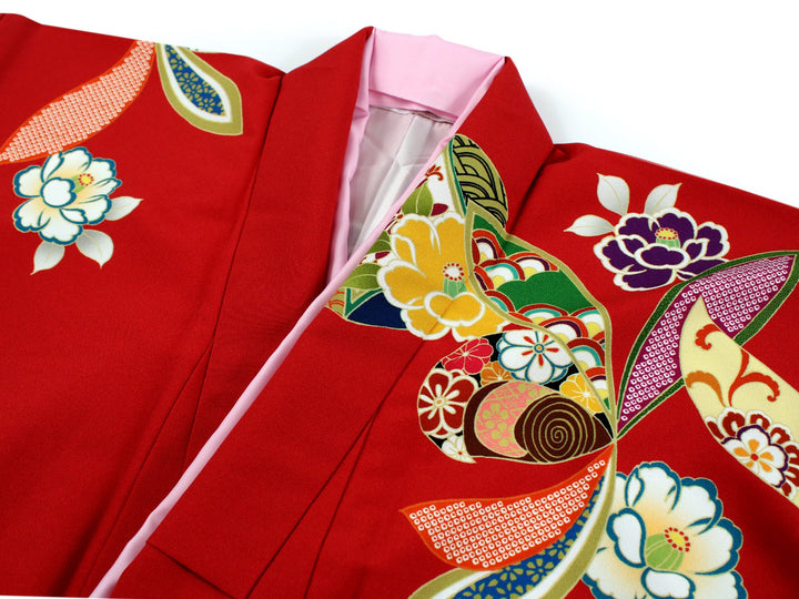 Women's Washable Nishakusode Kimono for Hakama - Red Camellia Cloisonne