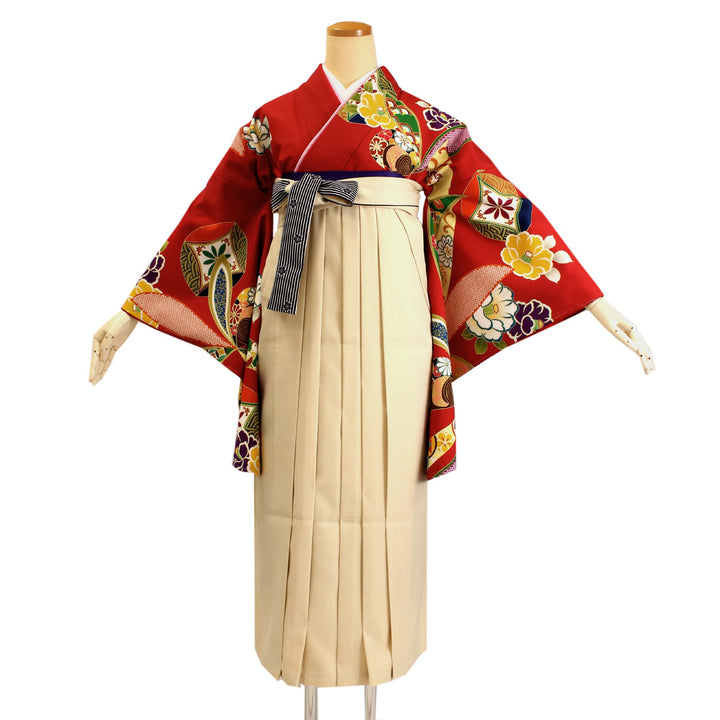 Women's Washable Nishakusode Kimono for Hakama - Red Camellia Cloisonne