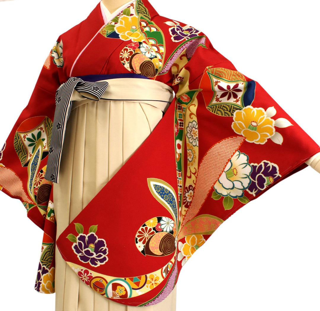 Women's Washable Nishakusode Kimono for Hakama - Red Camellia Cloisonne