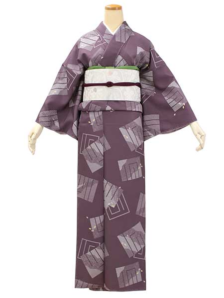 Women's Tailored Silk Nagoya Obi Belt - Light Gray ,Light Purple Diagonal Flower Pattern-