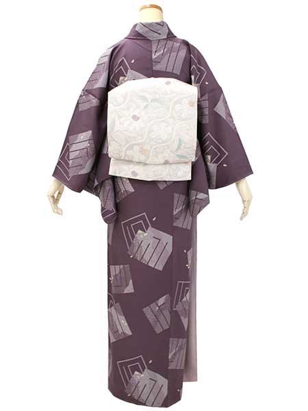 Women's Tailored Silk Nagoya Obi Belt - Light Gray ,Light Purple Diagonal Flower Pattern-