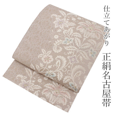 Women's Tailored Silk Nagoya Obi Belt - Beige, Chrysanthemum Pattern-