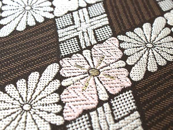 Women's Tailored Silk Nagoya Obi Belt - Dark Brown ,Light Beige and Pink Flower Diamond Shaped Pattern-