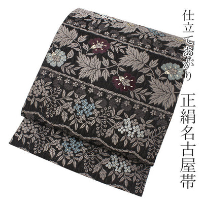 Women's Tailored Silk Nagoya Obi Belt - Dark Brown , Flower Pattern-